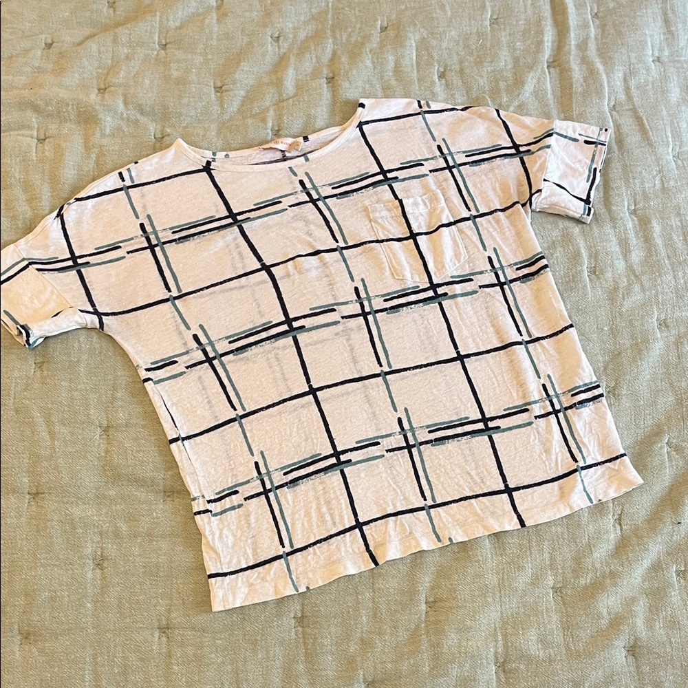Tory Burch linen Short Sleeve Tee with Black & Teal Grid